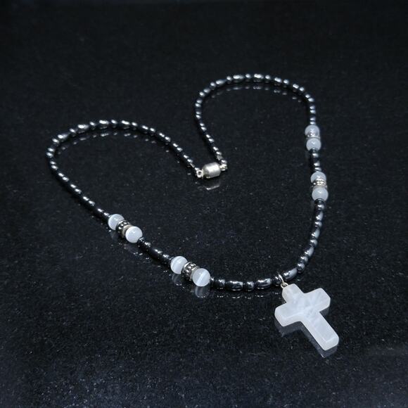 Cross Beaded Necklace, Gemstone Beads Cross, 19 Inches, Magnetic Clasp - Picture 1 of 8